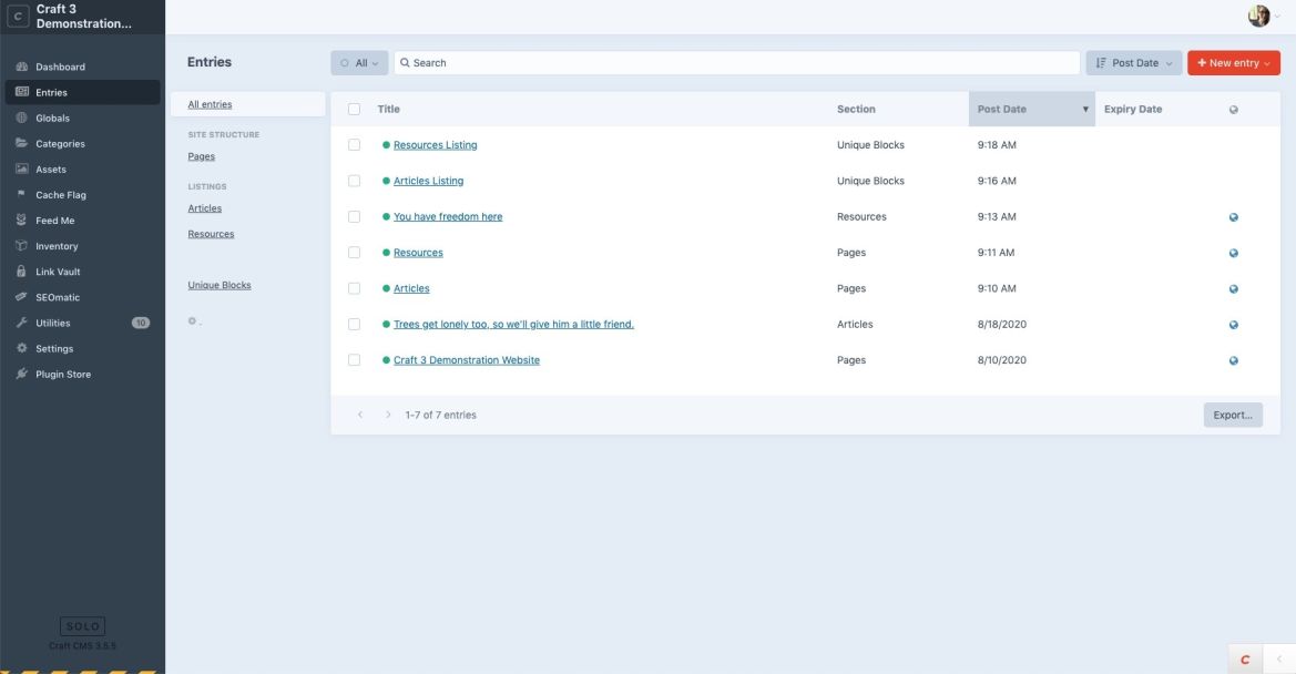 All Entries in Entries List View of Craft CMS
