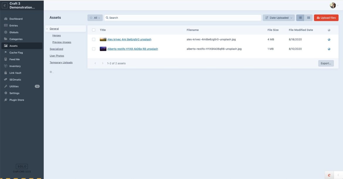 Assets list view in Control Panel
