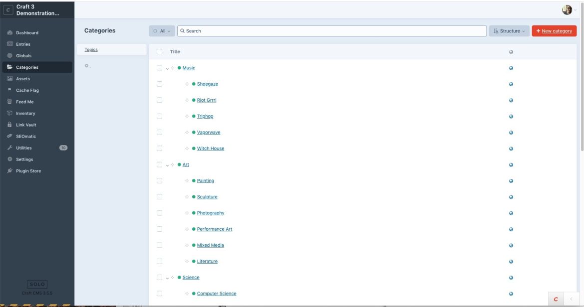 Categories List View in Control Panel