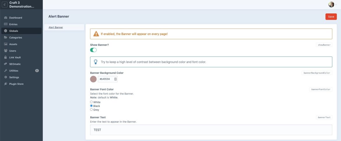 Globals view in Control Panel
