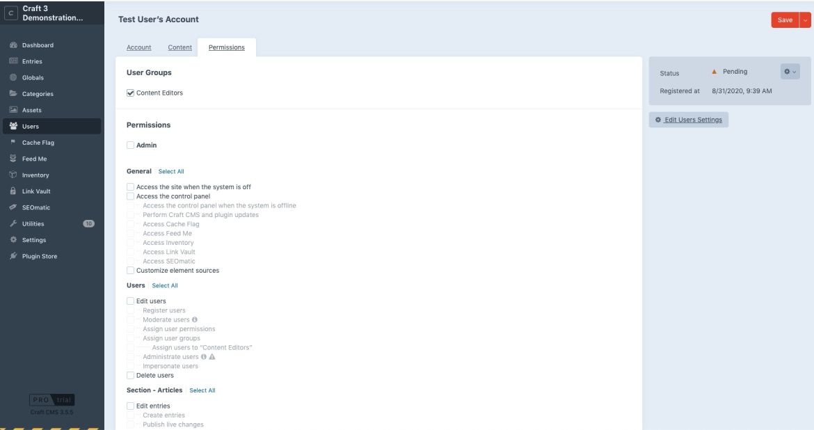 Edit User Permissions view in the Craft CMS Control Panel