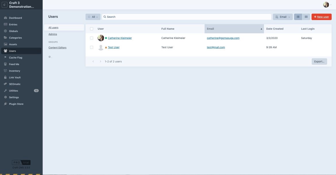 Users list view in Craft CMS