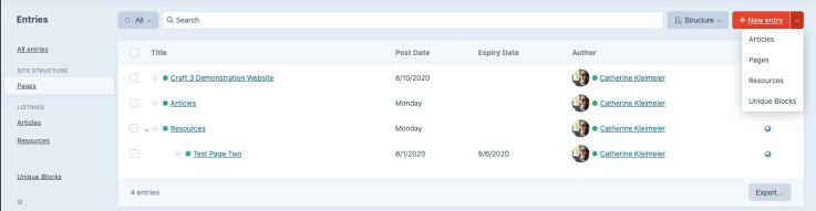 Create Entry dropdown in Craft CMS entries list