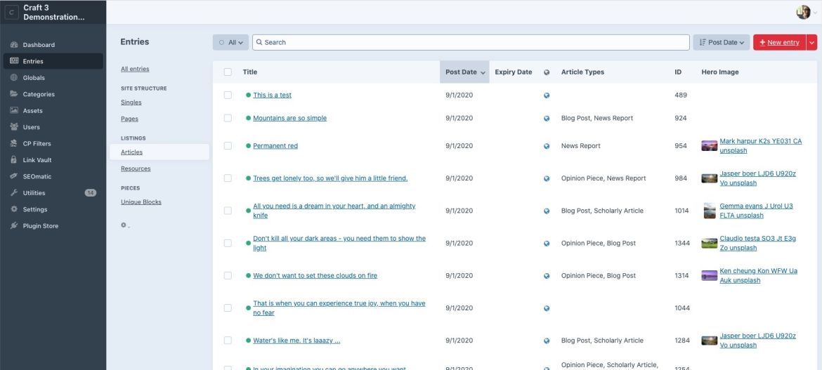 Craft CMS Entries list view with a few exposed fields