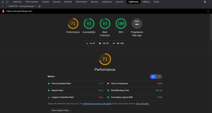 Post-webpack web vital score for gomasuga.com
