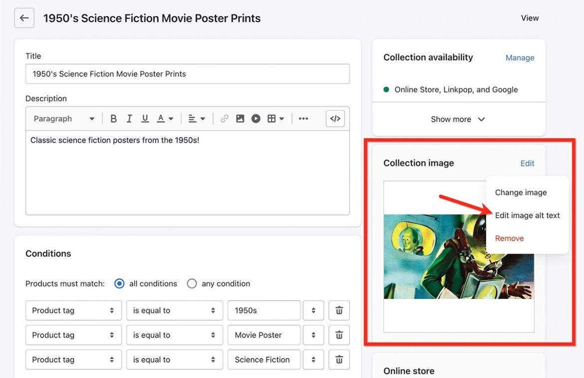 A collection settings screen in Shopify admin